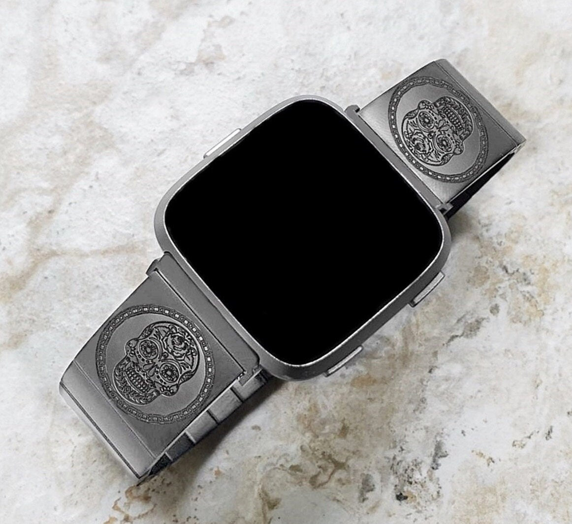 Engraved Watch Band Compatible with Fitbit Versa Lite 2 3 4 and Sense 2 Smartwatches Silver Color Stainless Steel Bracelet Strap SS2